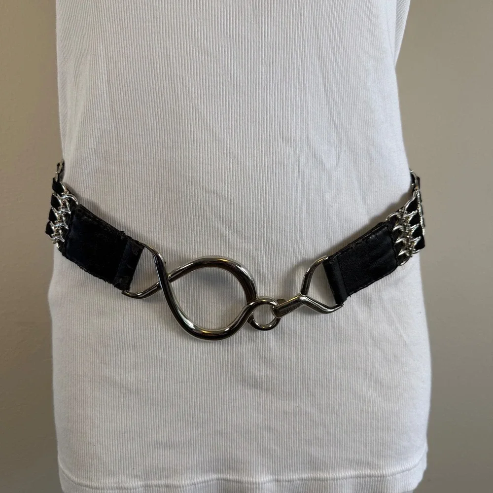 Chinese Laundry Black Elastic Chain Belt Stretch‎ Silver Hook S/M Y2K Glam